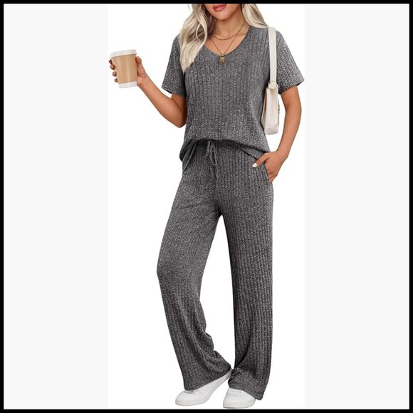 Other - Ribbed Knit Lounge Set Short Sleeve V-Neck Top Long Pants Pajama